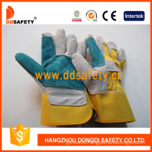 En388 4224 Grey Cow Split Blue Leather Reinforced Glove Yellow Cotton Back Safety Gloves Dlc324